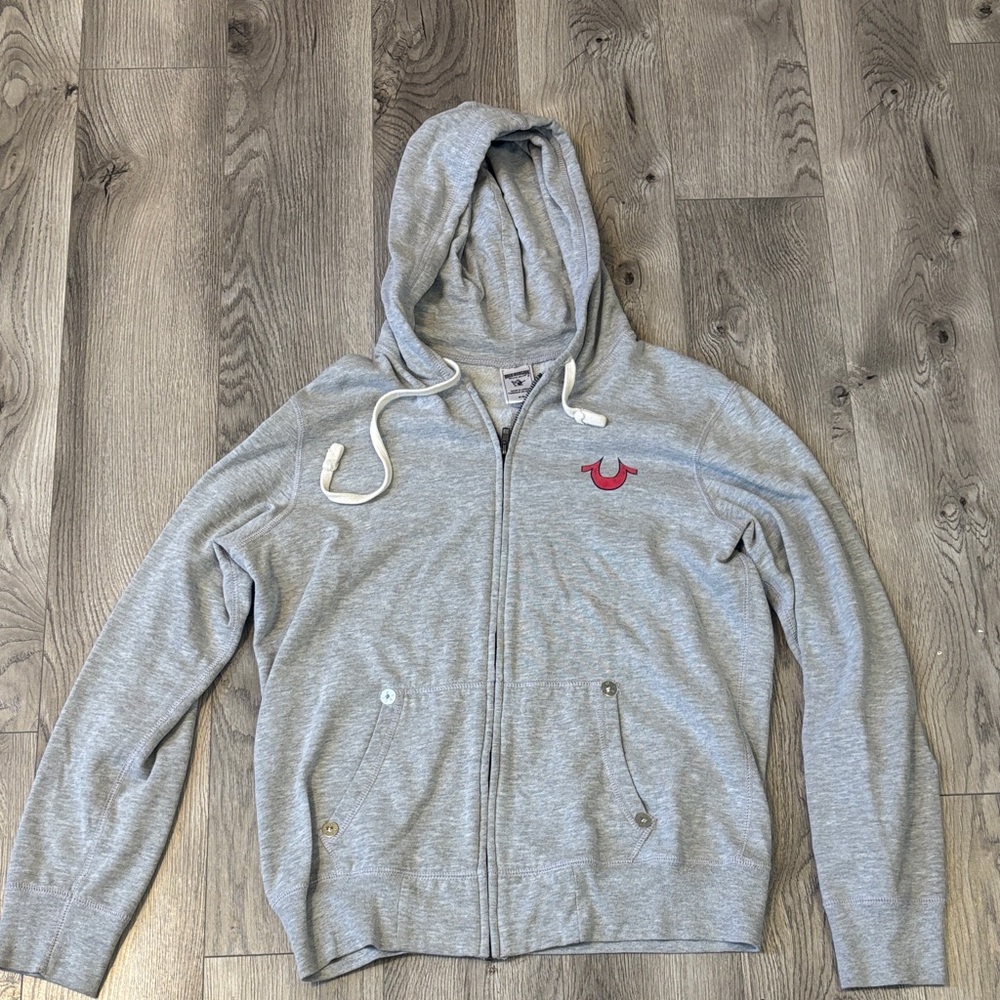 Y2K True religion Gray Zip-Up Hoodie with design on back